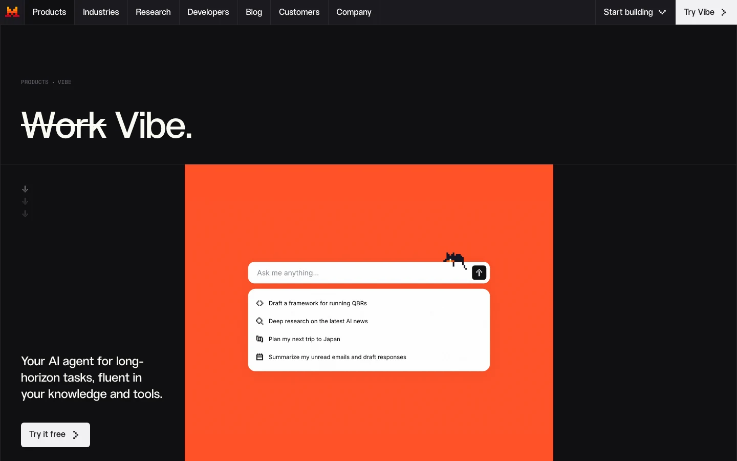 Mistral's public Vibe landing page shows the headline Work Vibe above a long-horizon task interface.