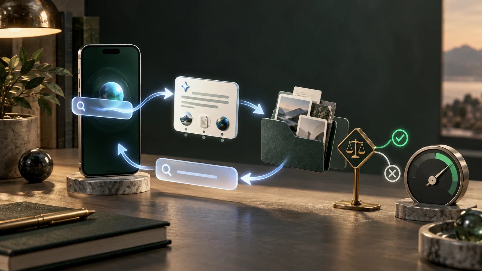 An editorial 3D scene shows a phone, a search query, an answer card, a saved collection, a return path, and a decision gauge.