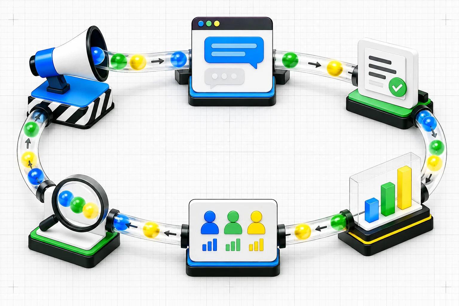 A closed 3D growth loop connects an acquisition megaphone, conversational interface, completed task, cohort checkpoint, and measured results.