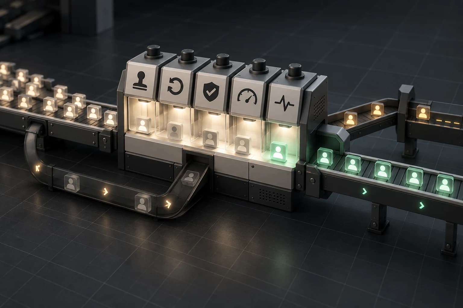 User signals travel through five mechanical checkpoints before splitting into a small learning lane and a verified scale lane.