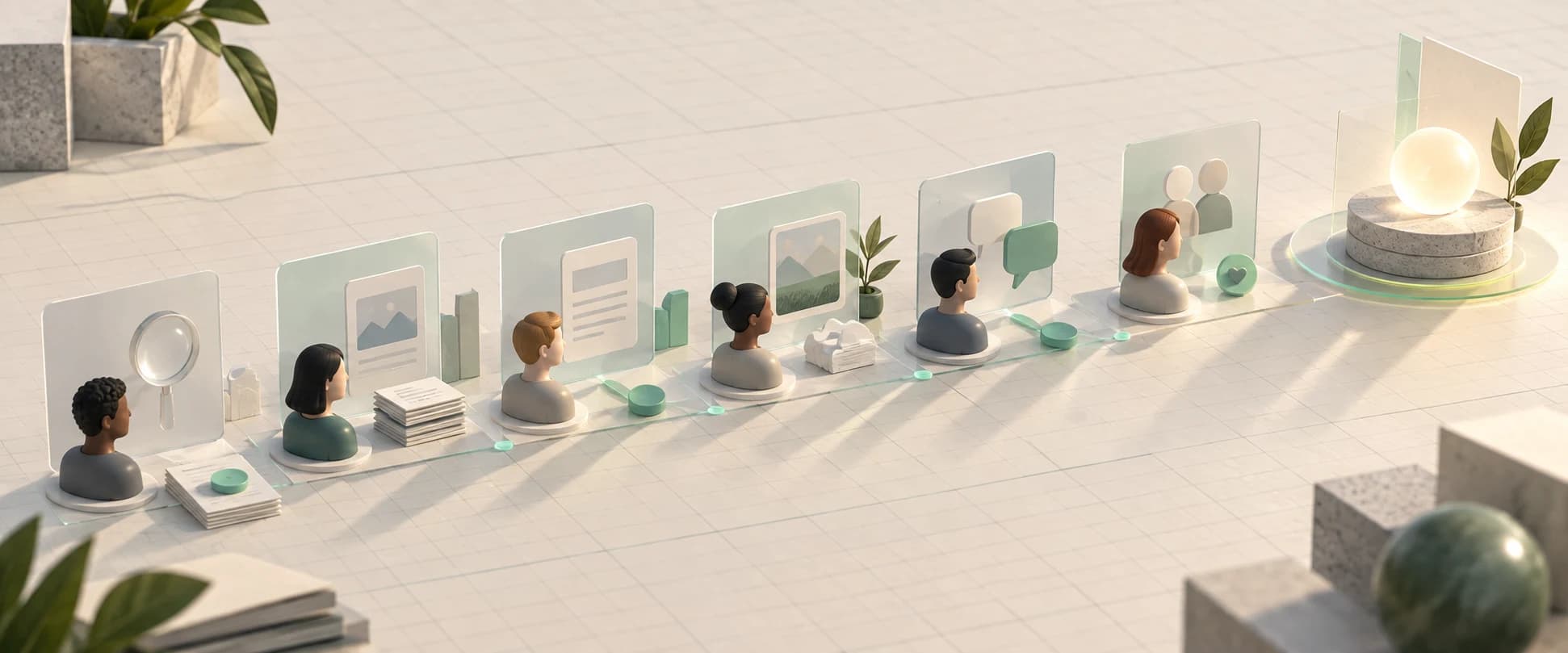 A long line of individual prospect figures passes through research cards, useful content, and conversation signals before reaching one calm launch light.