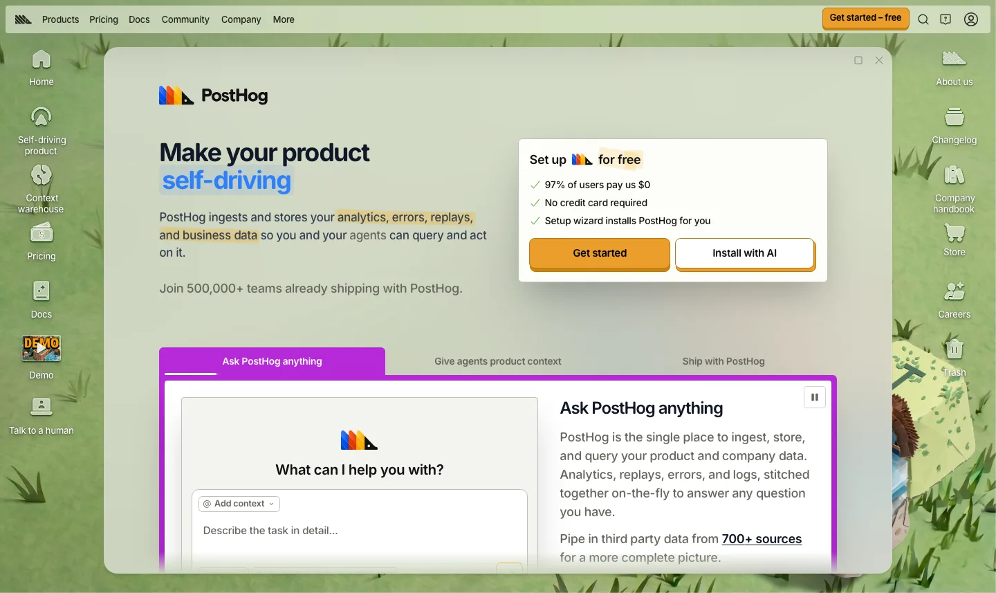 PostHog public homepage introducing its connected product and data tools.