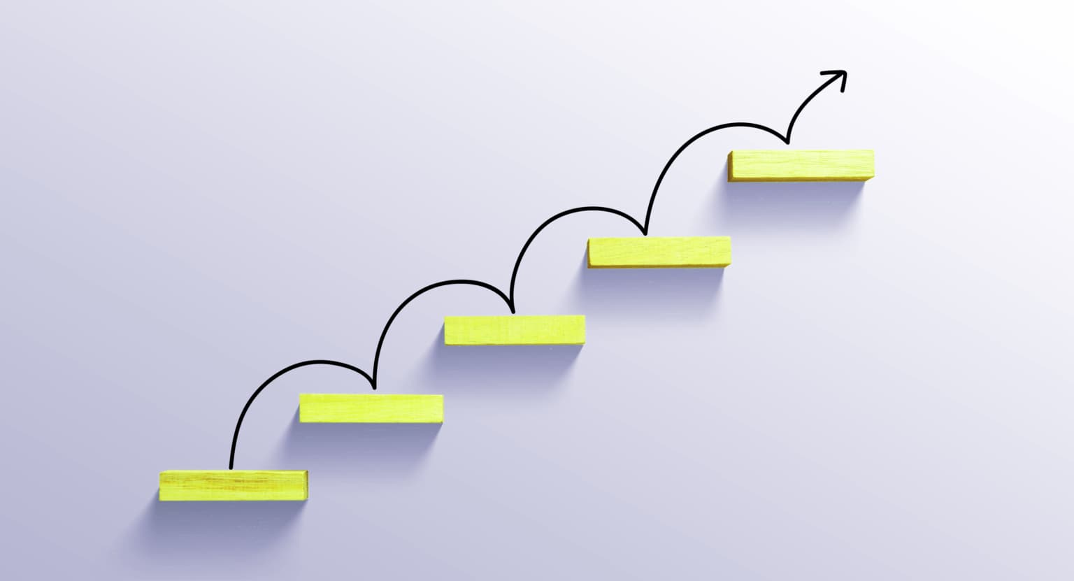 Five yellow blocks arranged as an ascending staircase, with a black arrow hopping up each step and continuing off the top.