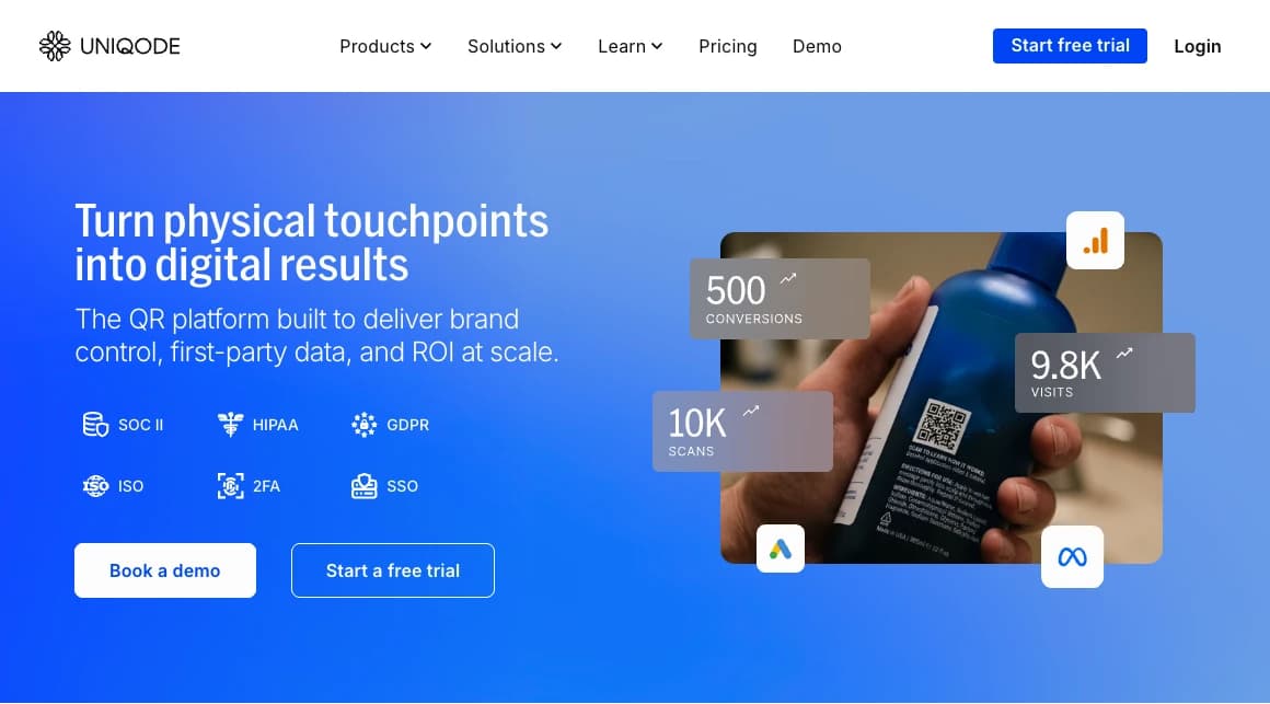 Uniqode homepage introducing its QR platform with a physical product and digital destination.