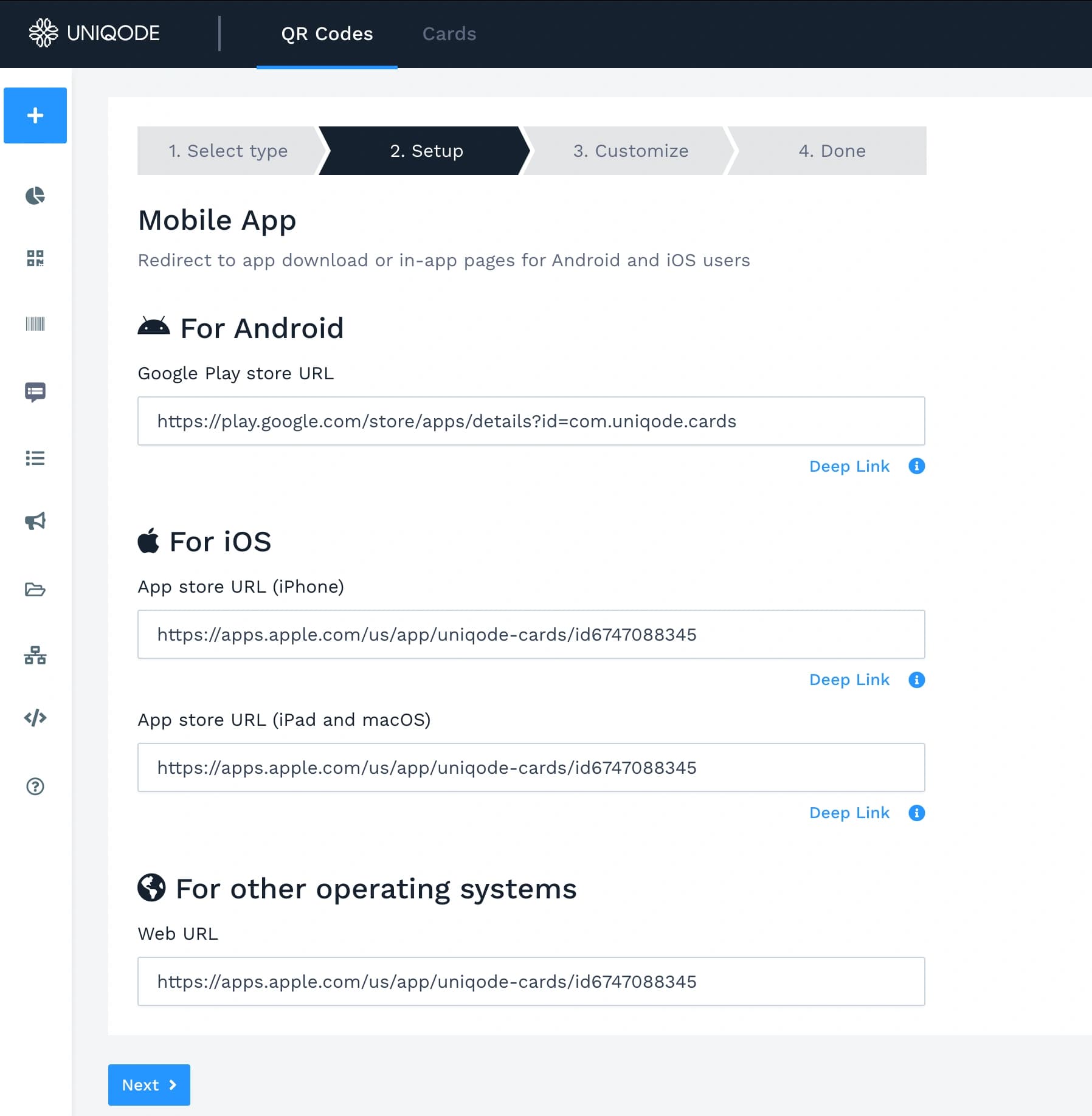 Uniqode Mobile App QR Code setup with separate Google Play, iPhone, iPad and macOS, and fallback web URL fields.