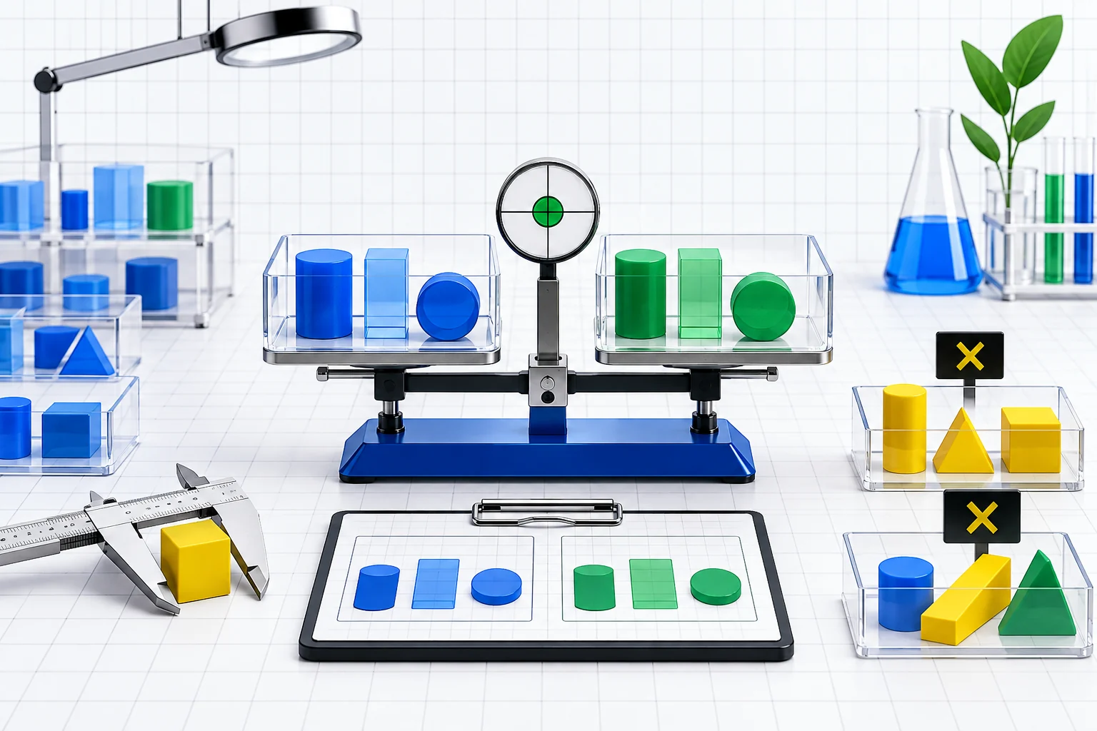 A laboratory balance and calipers compare matching blue and green data samples while mismatched yellow shapes remain separate.