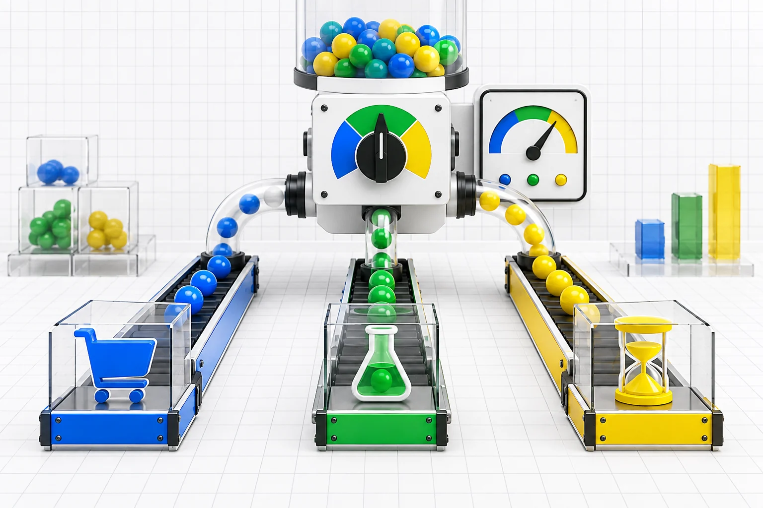 A 3D testing machine routes blue, green, and yellow prospect signals into three experimental lanes beneath a quality gauge.
