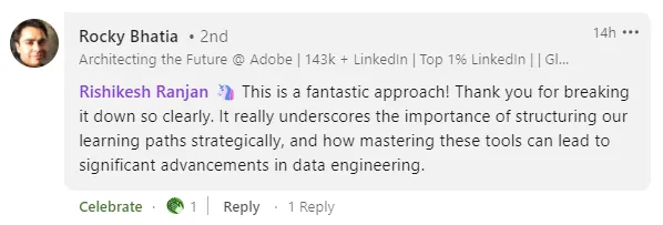 LinkedIn comment from Rocky Bhatia, who works on architecture at Adobe: 'This is a fantastic approach! Thank you for breaking it down so clearly. It really underscores the importance of structuring our learning paths strategically, and how mastering these tools can lead to significant advancements in data engineering.'