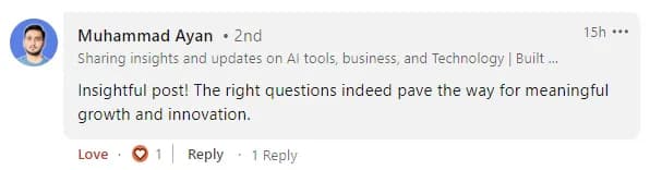 LinkedIn comment from Muhammad Ayan, who shares updates on AI tools and business: 'Insightful post! The right questions indeed pave the way for meaningful growth and innovation.'