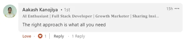 LinkedIn comment from Aakash Kanojiya, a full stack developer and growth marketer: 'The right approach is what all you need'
