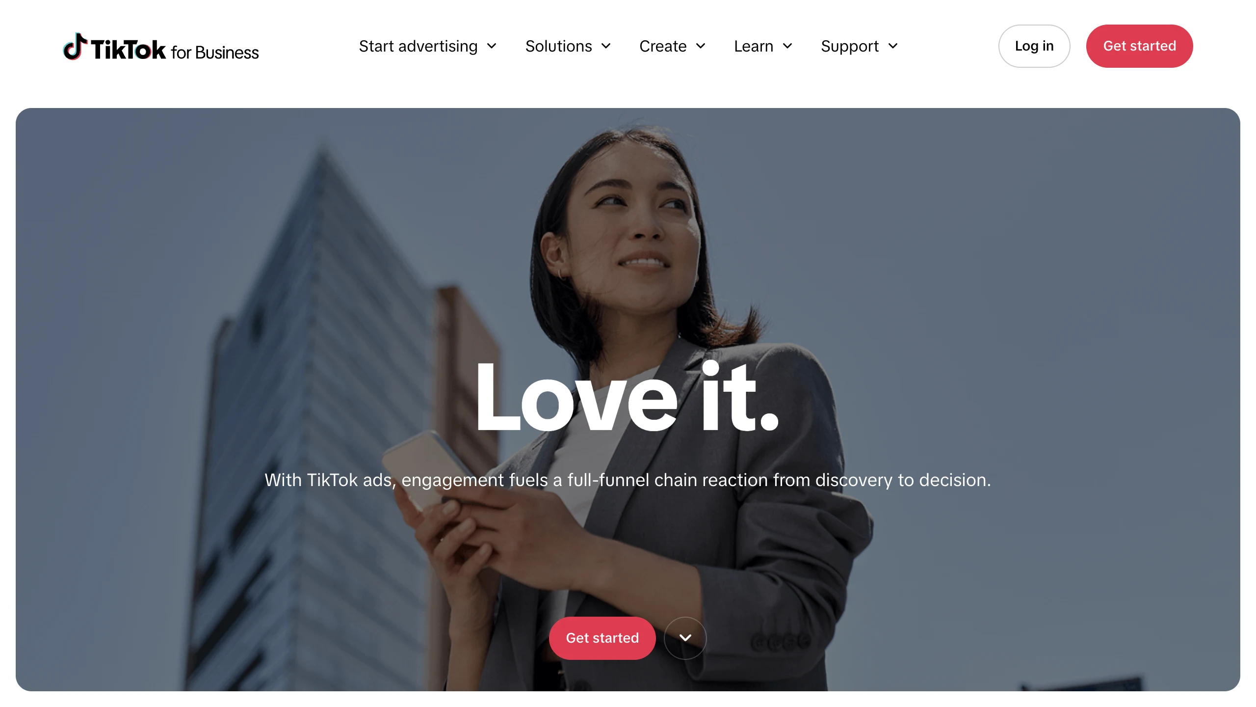 TikTok for Business public landing page showing the TikTok logo, navigation, a campaign image, the words Love it, and a Get started button.