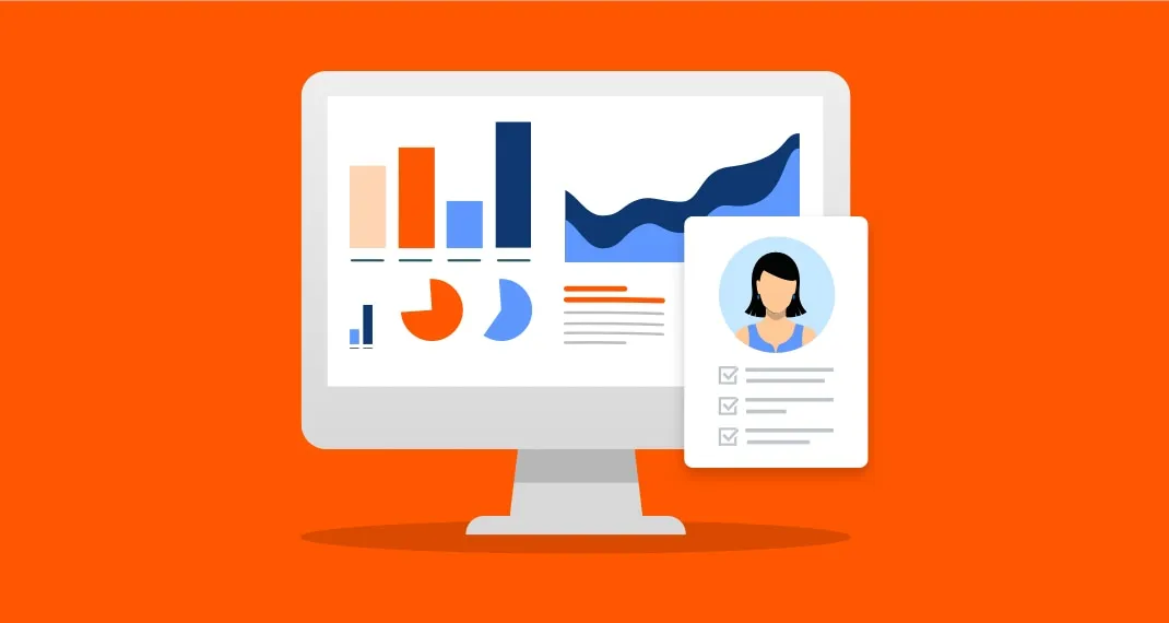 Flat illustration on an orange background: a desktop monitor showing an analytics dashboard of bar charts, a line chart and two pie charts, with a user profile card and a checklist floating over the corner of the screen.
