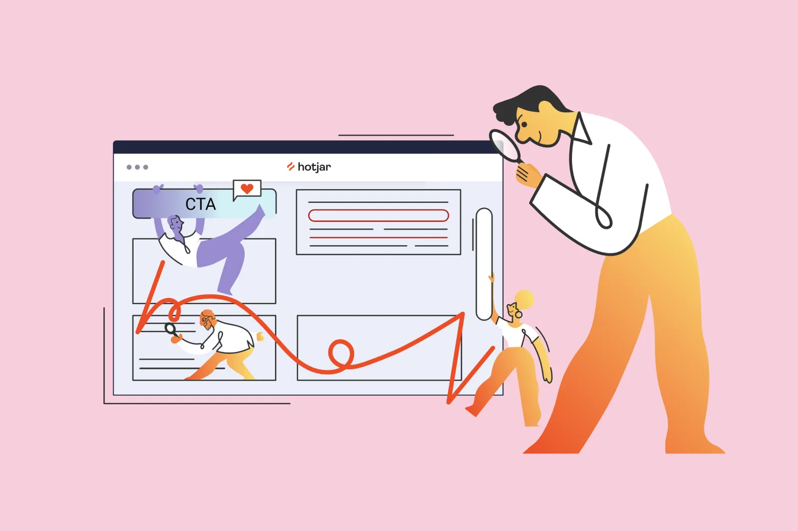 Hotjar illustration of a giant figure inspecting a web page through a magnifying glass, while smaller figures on the page trace a red mouse-movement path across it and a CTA button is highlighted.