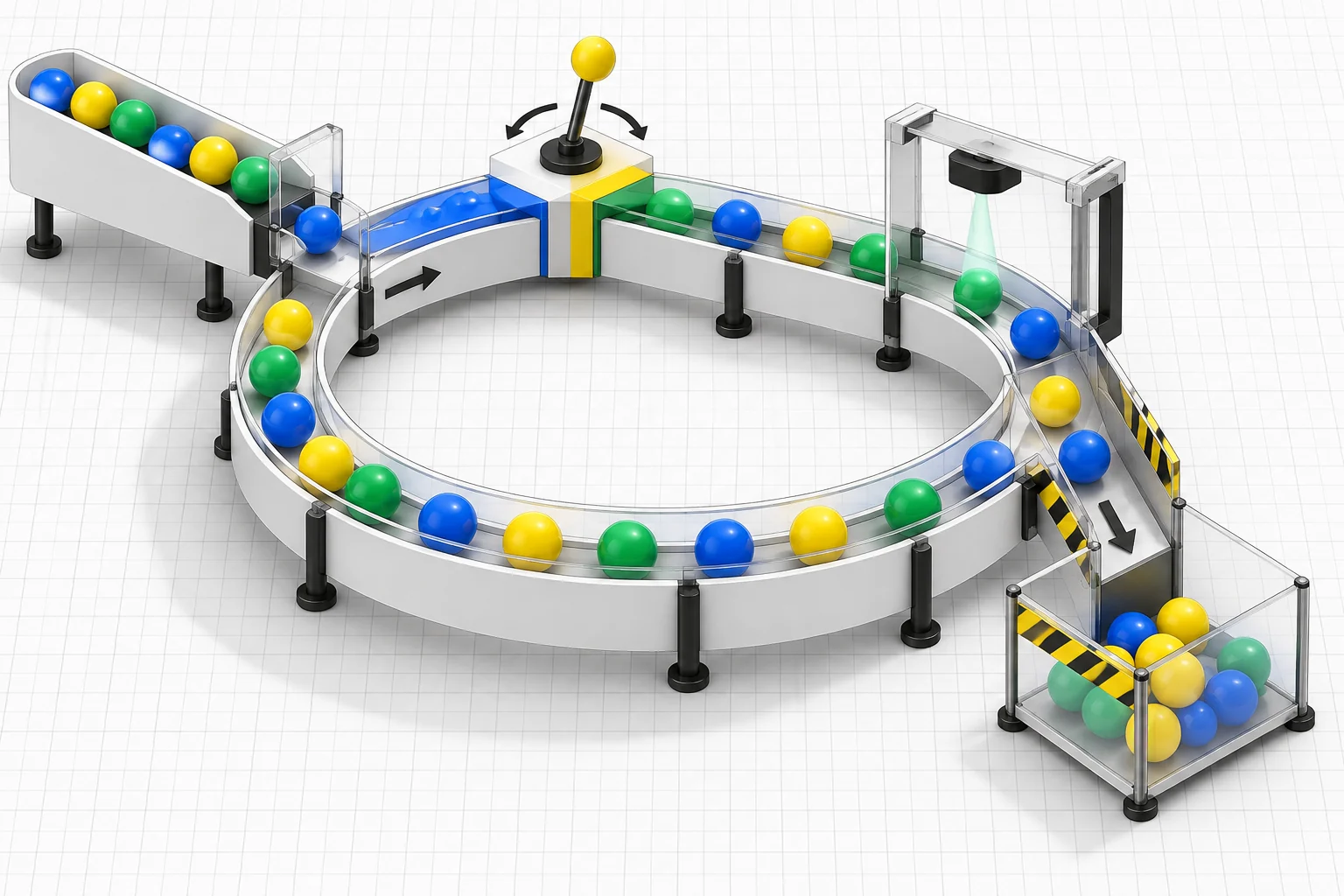 A circular experiment conveyor carries colored user signals through a return loop, adjustable test switch, measurement checkpoint, and drop-off chute.