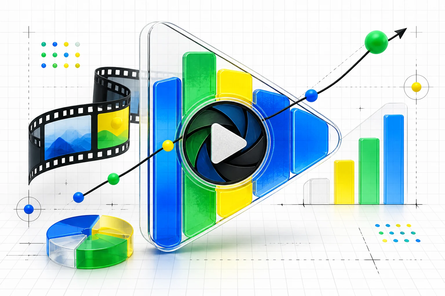 A 3D video play symbol surrounded by a camera aperture, film strip, bar charts, and a rising data line on a white measurement grid.