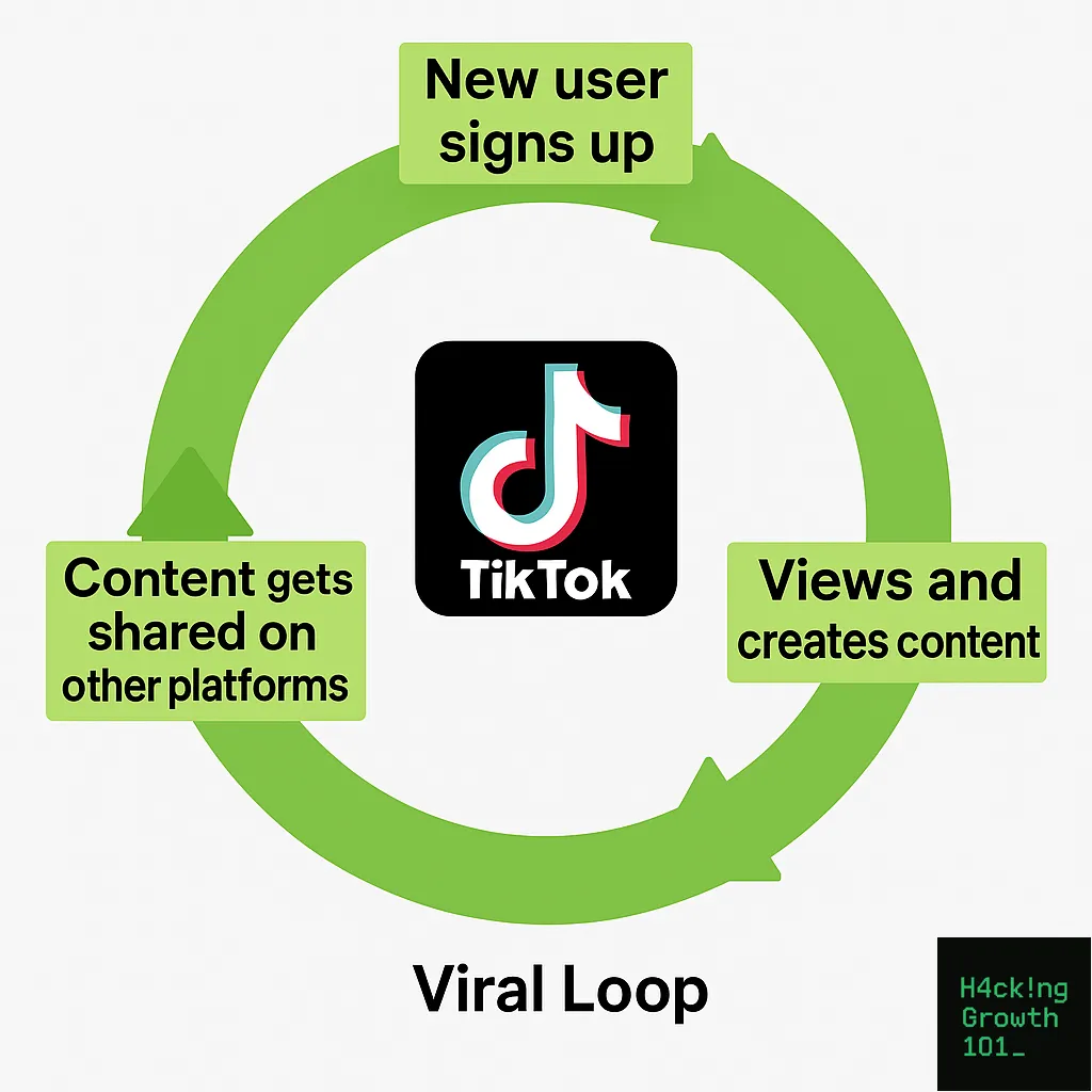 Three step circular diagram of TikTok's viral loop: a new user signs up, views and creates content, and that content gets shared on other platforms, which brings the next new user back to the start.