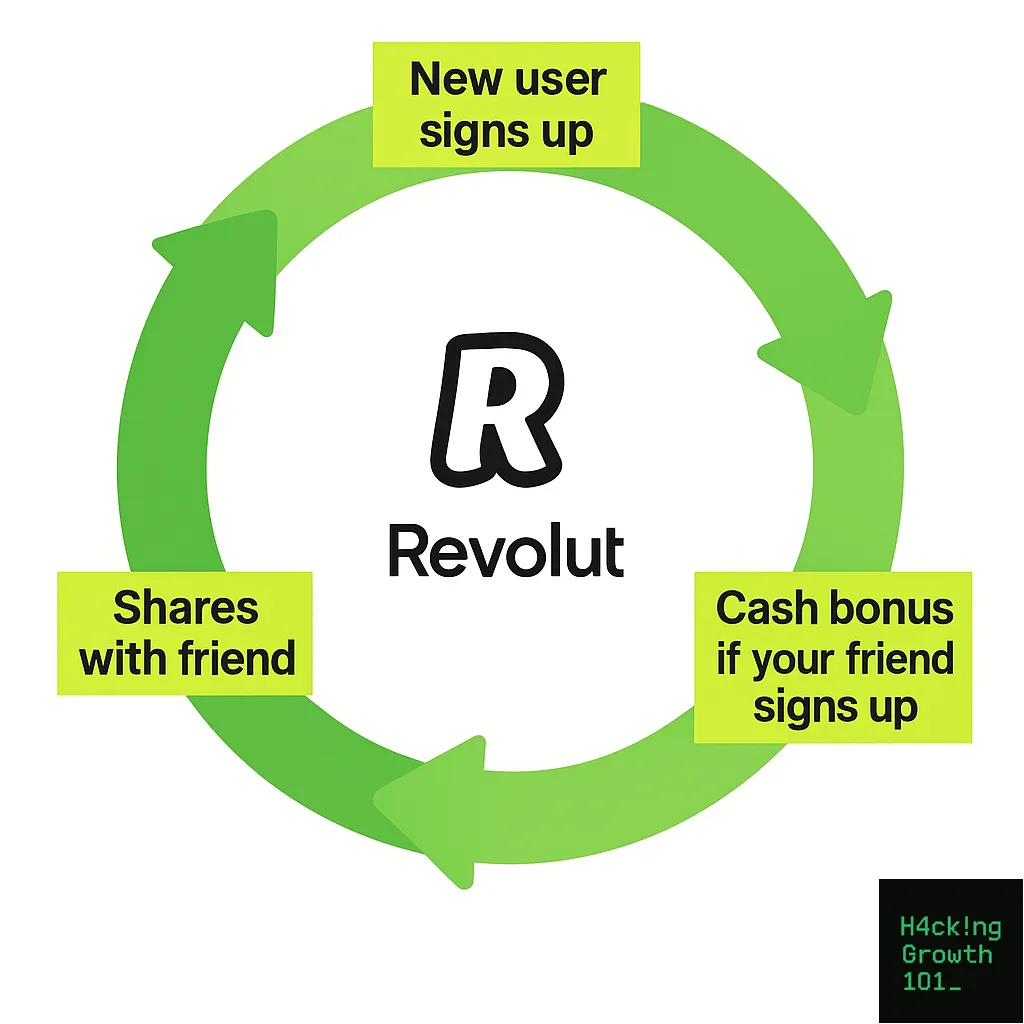 Three step circular diagram of Revolut's referral loop: a new user signs up, shares with a friend, and earns a cash bonus if that friend signs up, which starts the loop again.