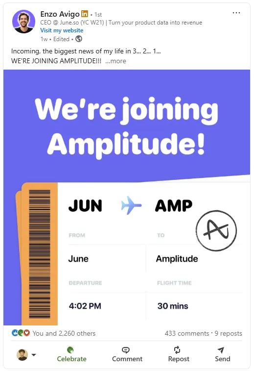 LinkedIn post from Enzo Avigo, CEO of June.so, reading 'Incoming, the biggest news of my life in 3... 2... 1... WE'RE JOINING AMPLITUDE!!!' The attached graphic reads 'We're joining Amplitude!' above a boarding pass from June to Amplitude. The post shows 2,260 reactions, 433 comments and 9 reposts.