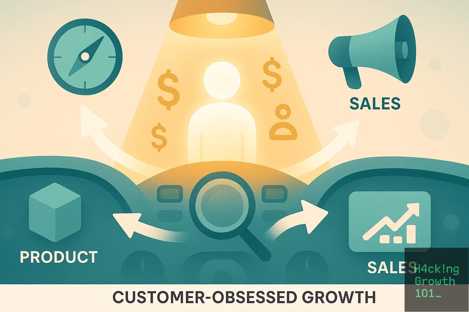 Illustration captioned 'Customer-obsessed growth'. A customer figure sits lit at the centre, surrounded by dollar signs, with a magnifying glass below and arrows leading outward to Product on the left and Sales on the right, plus a compass and a megaphone at the edges.