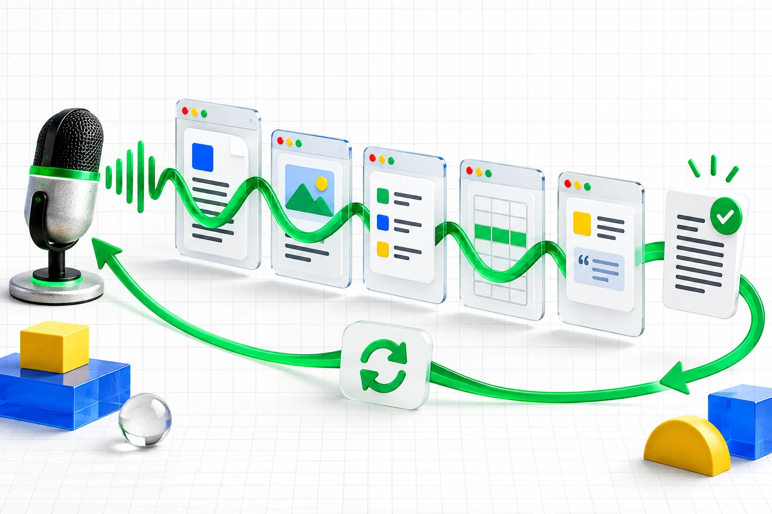 A microphone sends a green voice waveform through several translucent application windows and back around a repeat-use loop.