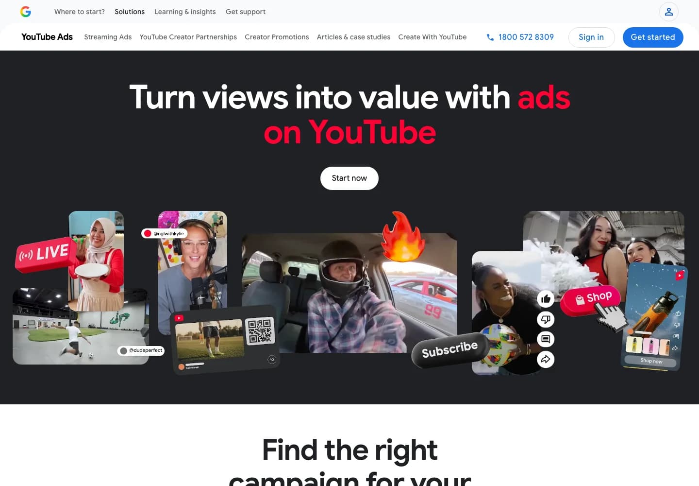 The public YouTube Ads landing page shows its current navigation for streaming ads, creator partnerships and creator promotions above a campaign-format collage.