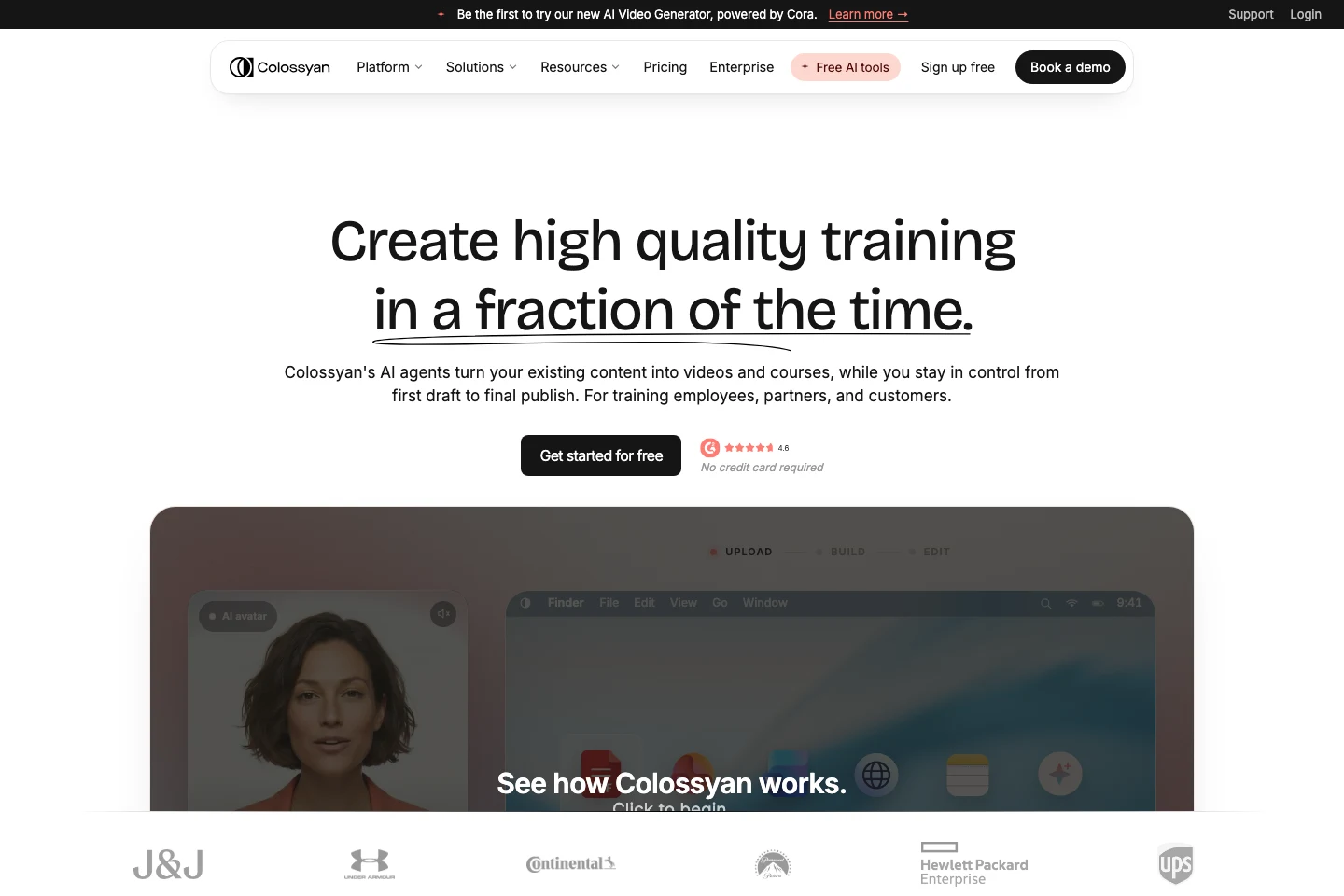 Colossyan landing page presenting AI training video creation