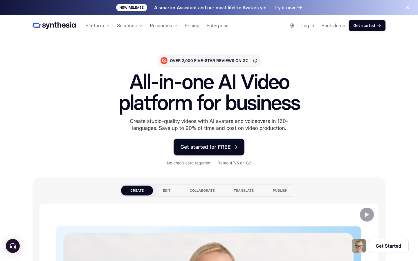 Synthesia public homepage presenting an AI avatar video platform for business.