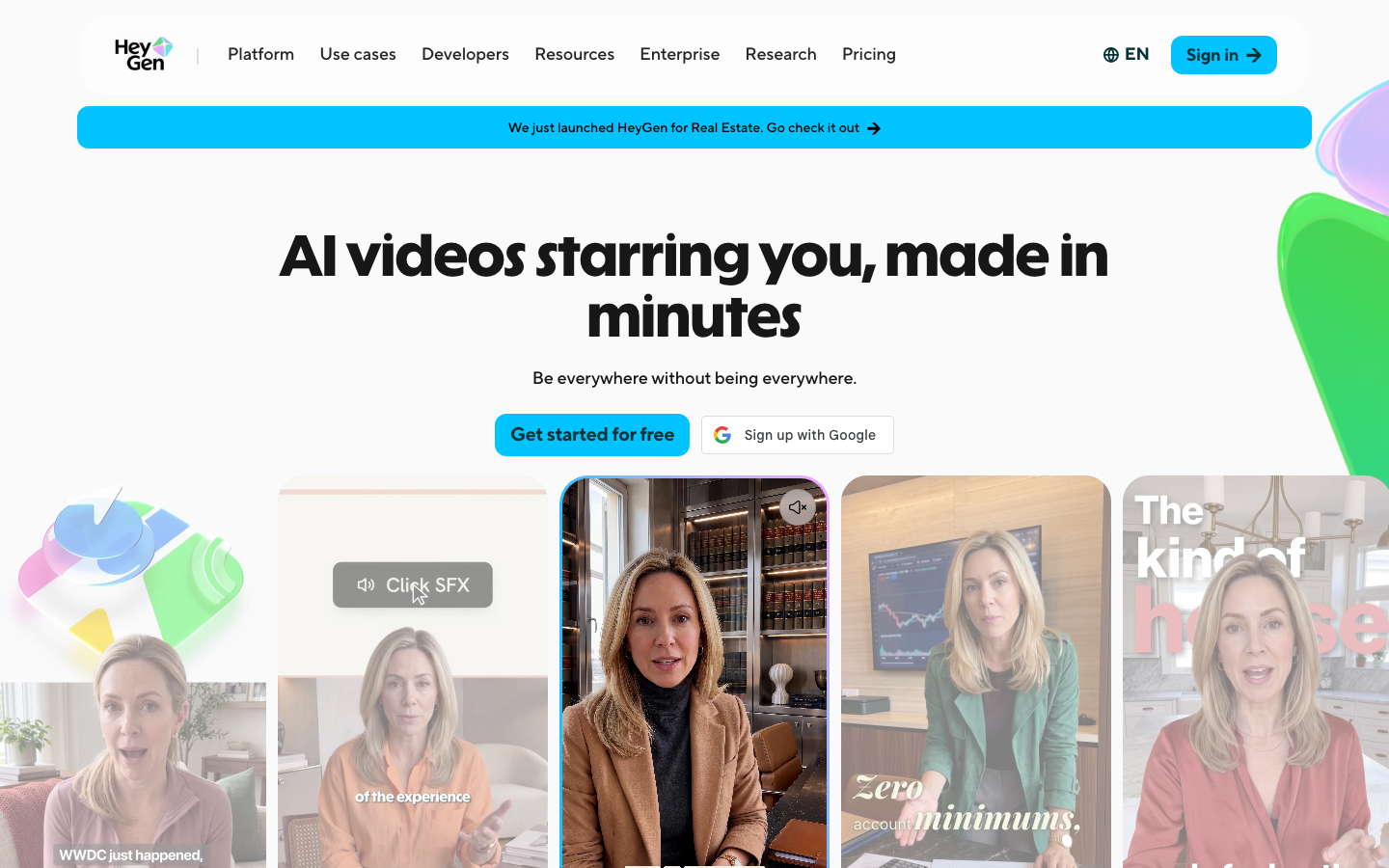HeyGen public homepage presenting avatar video creation and translation capabilities.