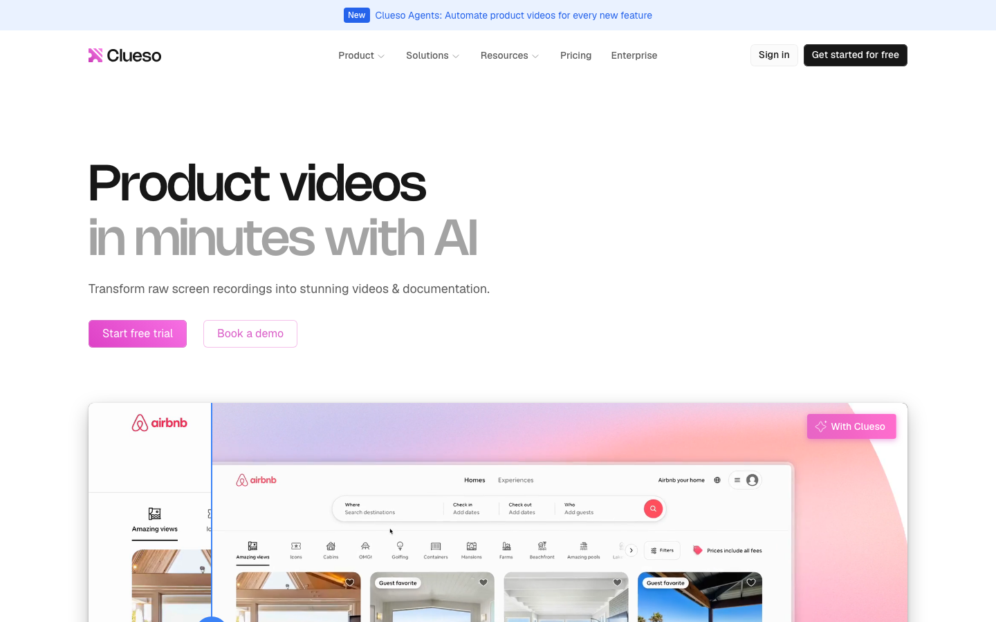 Clueso public homepage presenting product video and documentation creation from source media.
