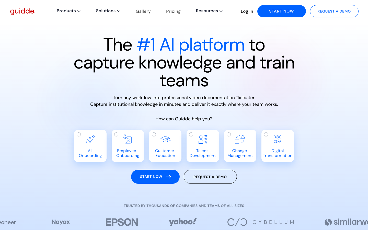 Guidde public homepage presenting visual documentation and narrated how-to guides.