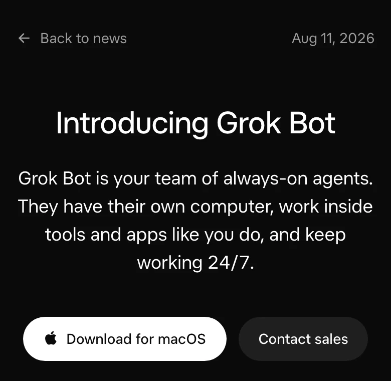 SpaceXAI public Grok Bot launch page describing bots that work inside apps on their own computer.