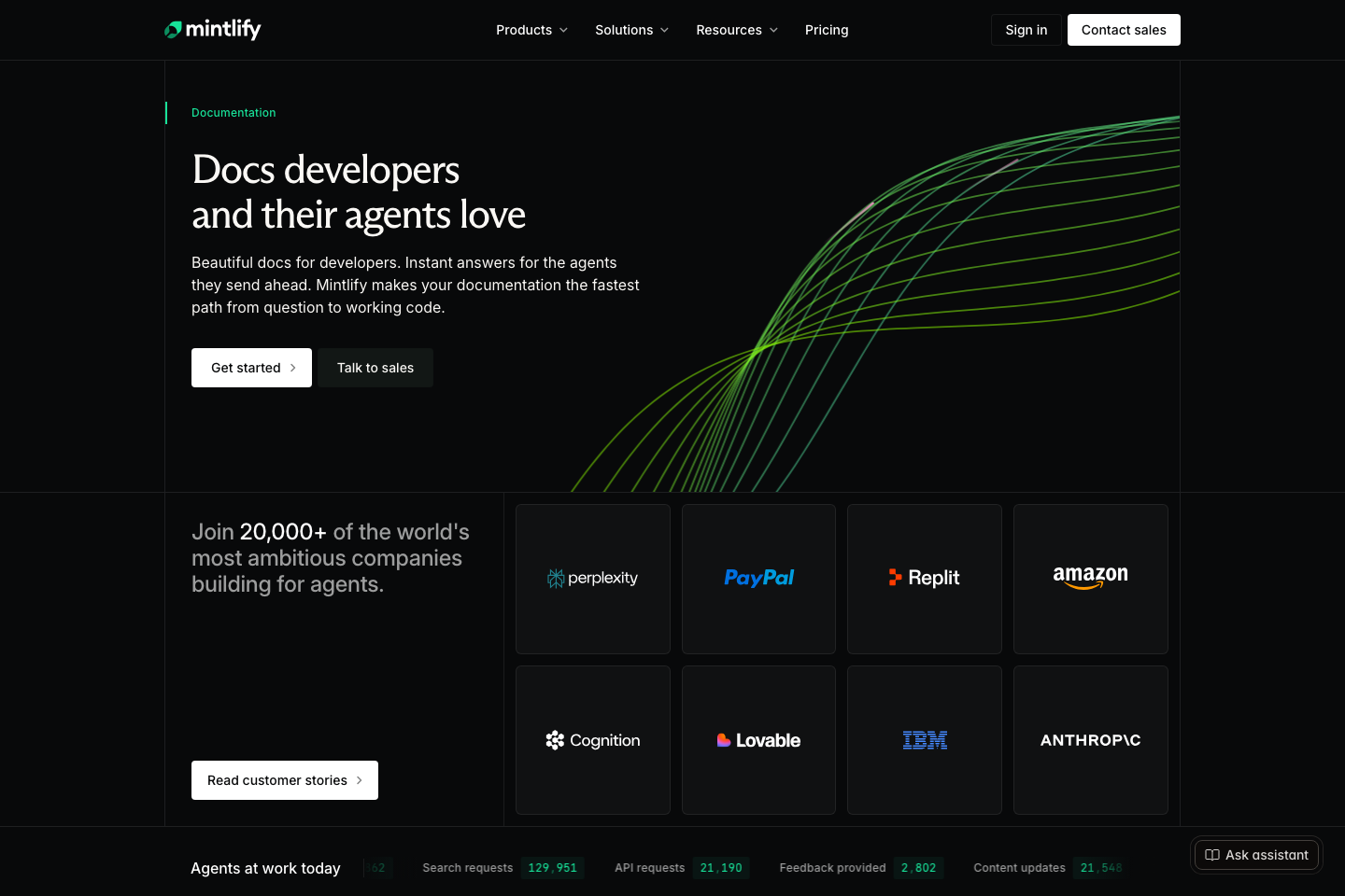 Mintlify public developer-documentation page showing its dark product surface and positioning for developers and agents.