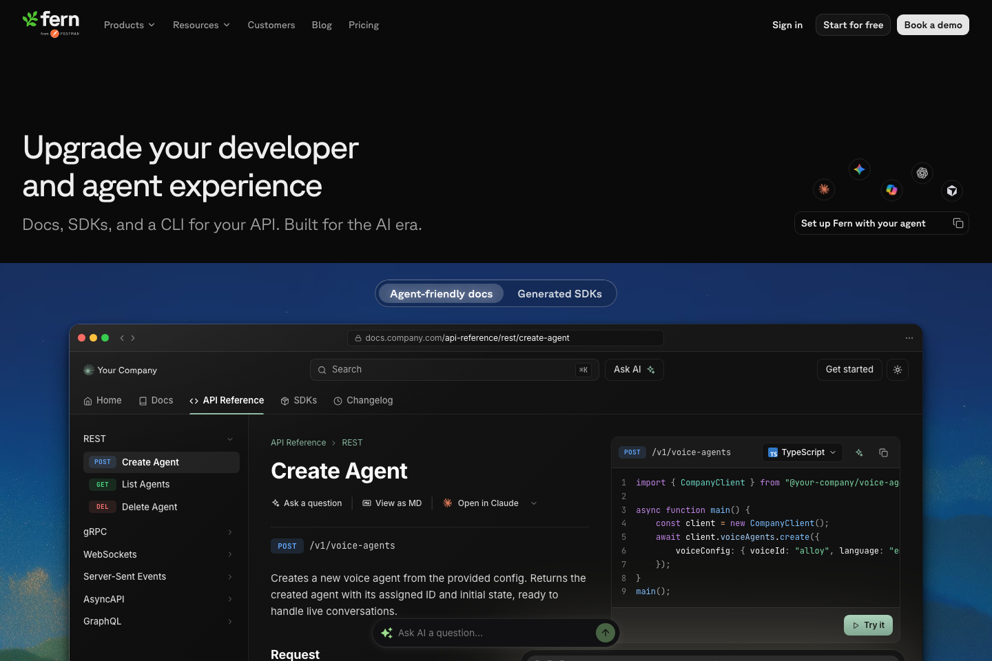 Fern public landing page showing a developer documentation surface with API reference, SDKs, Ask AI, and a try-it panel.