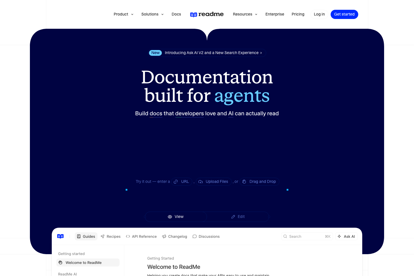 ReadMe public landing page presenting documentation for developers and AI agents, with guides, recipes, API reference, changelog, discussions, search, and Ask AI.