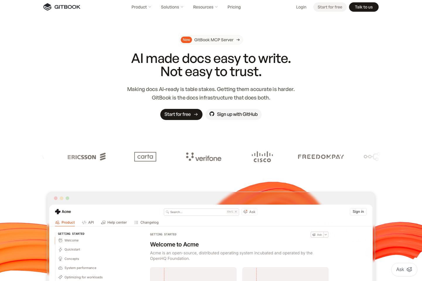 GitBook landing page presenting its knowledge layer for AI and technical teams.