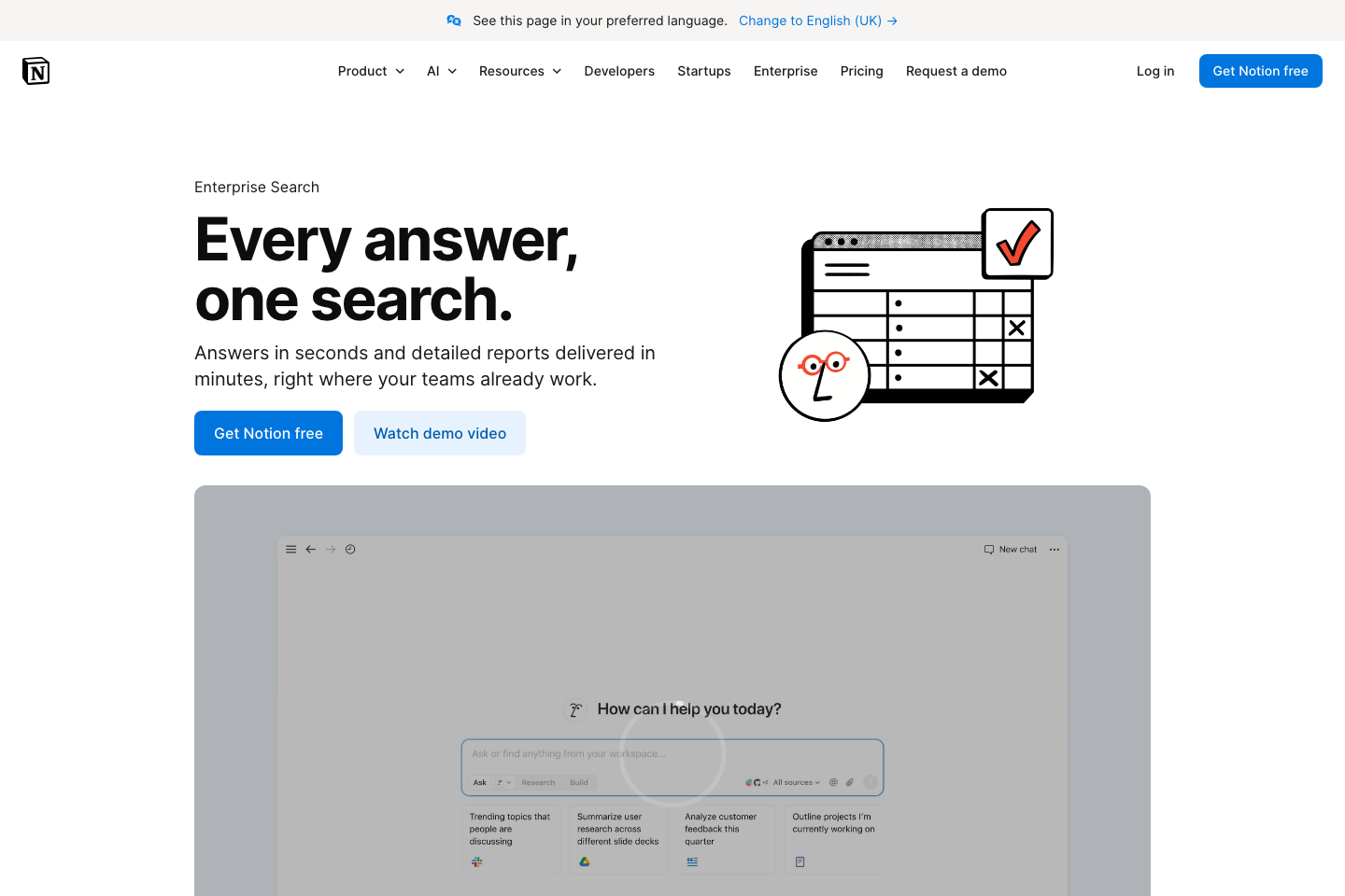 Notion Enterprise Search landing page with search interface preview