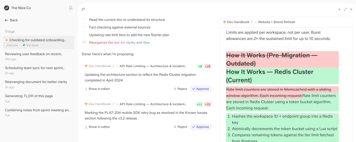 Slite public knowledge-base product surface showing verified documentation and an agent-assisted maintenance workflow.