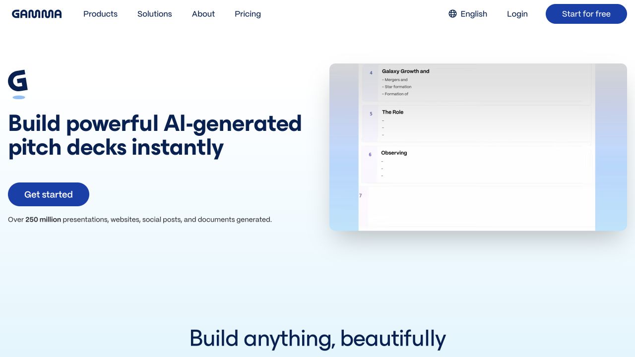 Gamma public presentation page with its AI-generated deck pitch and a product animation.