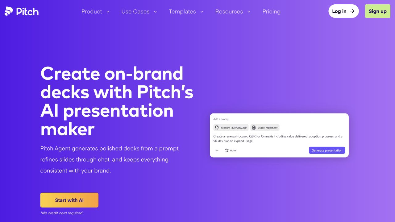 Pitch public AI presentation maker page showing a prompt with attached files and Generate presentation control.