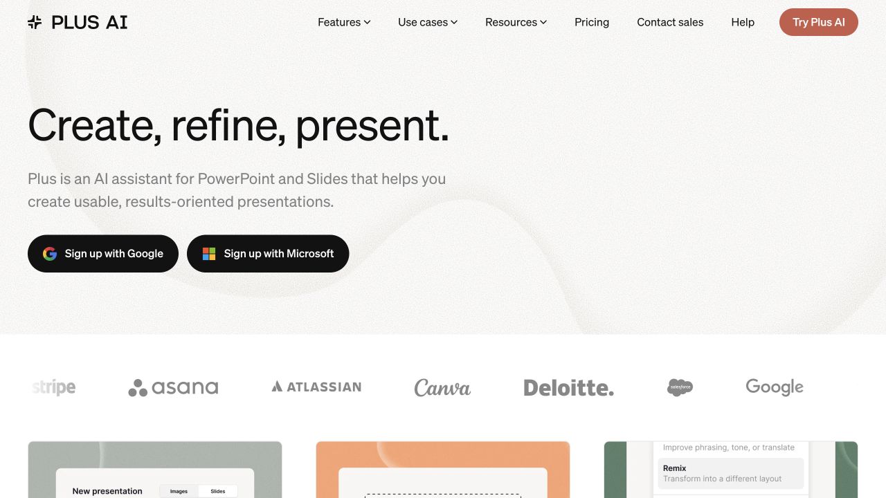 Plus AI public homepage stating that it creates and refines presentations for PowerPoint and Google Slides.