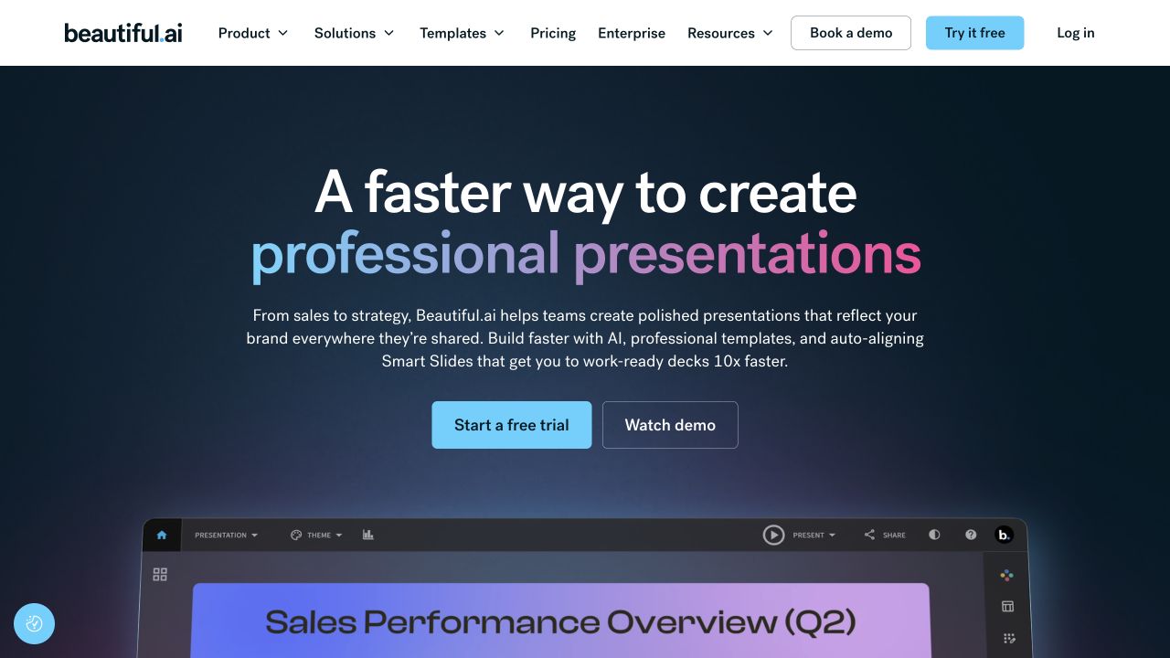 Beautiful.ai public homepage with its presentation message and preview of a product-team slide.