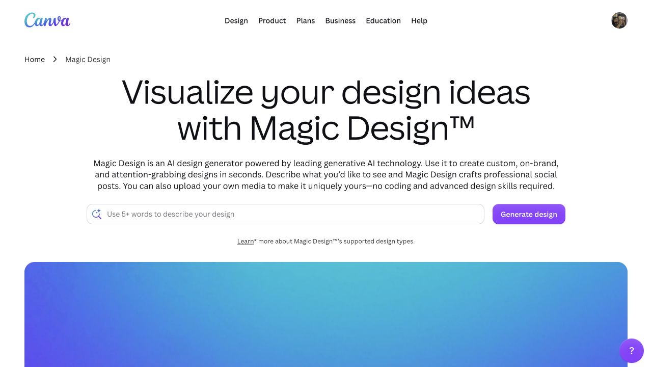 Canva Magic Design public landing page with prompt field and brand navigation.