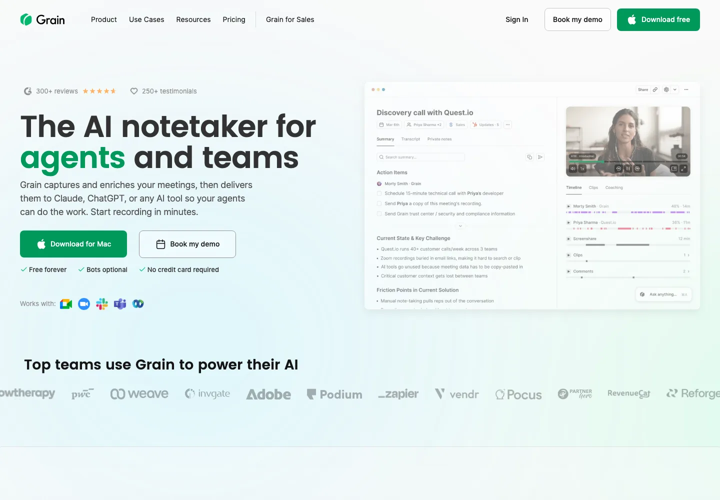 Grain public homepage introducing AI-powered meeting capture and team knowledge sharing.
