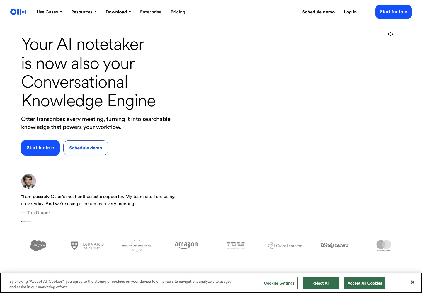 Otter.ai public homepage presenting AI meeting notes and a call to get started.