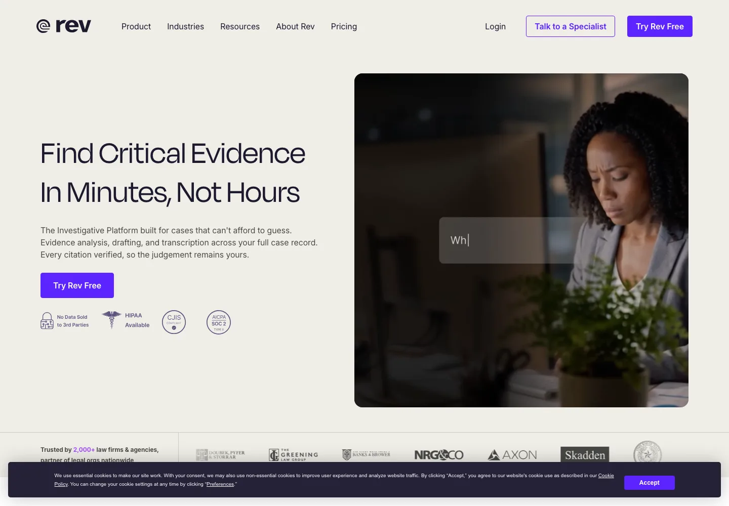 Rev public homepage introducing transcription, captioning, and speech-to-text services.