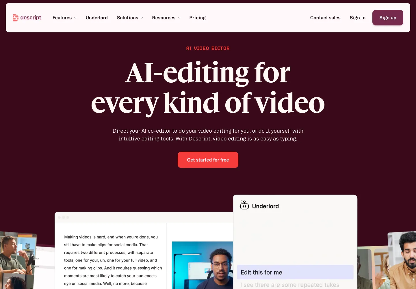 Descript public homepage presenting AI video editing with a transcript-led editing interface.