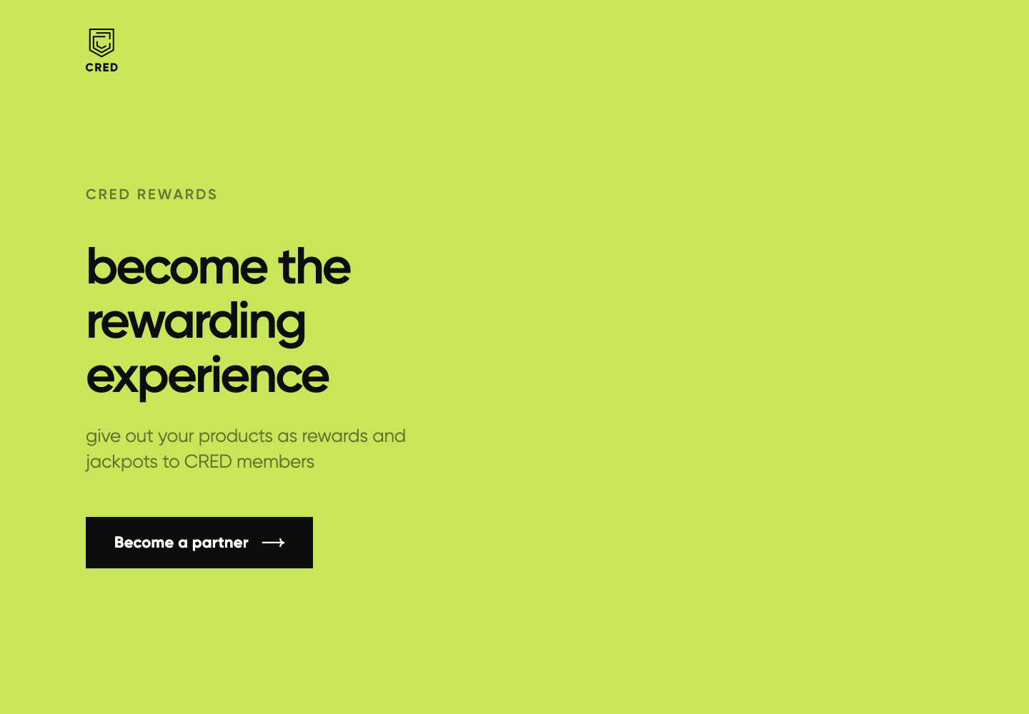 CRED public rewards partner page inviting brands to provide products as rewards and jackpots.