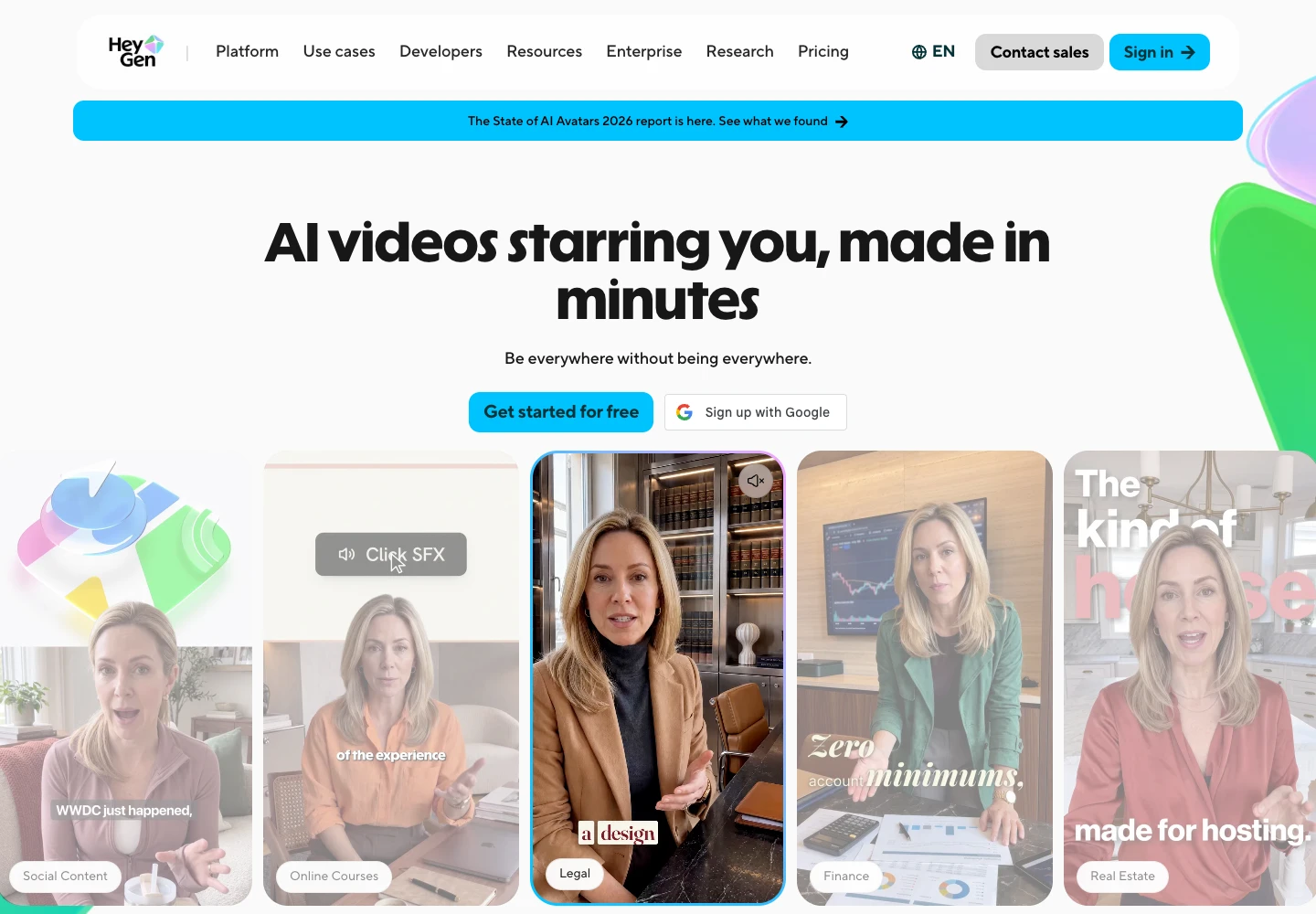 HeyGen public homepage presenting AI videos starring the user.