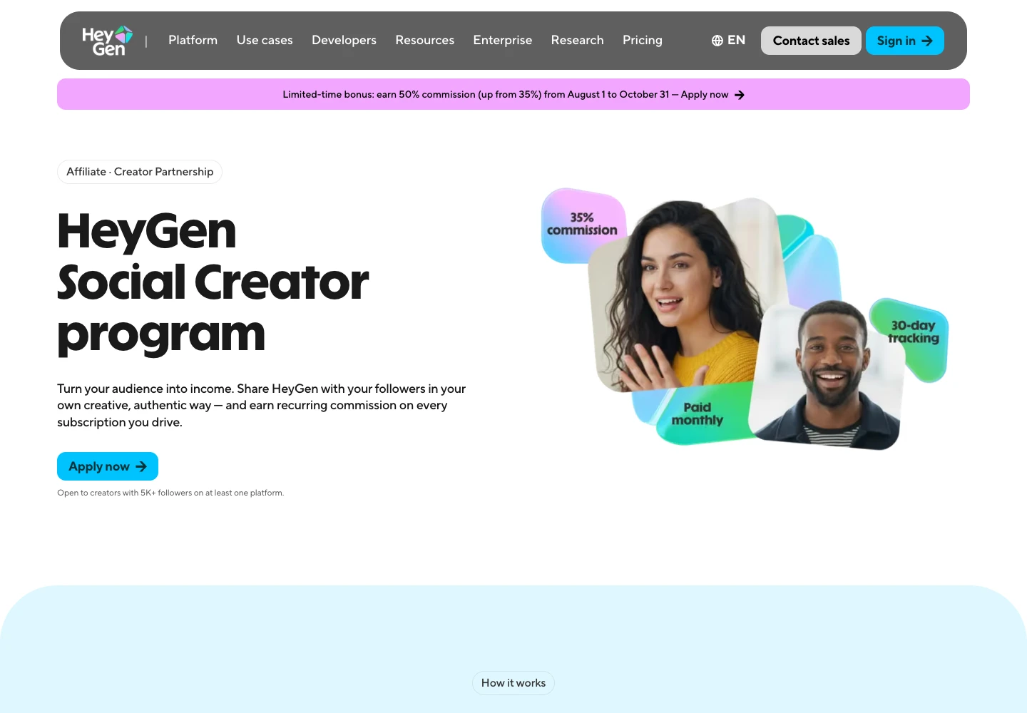HeyGen Social Creator Program landing page showing its creator proposition and temporary commission banner.