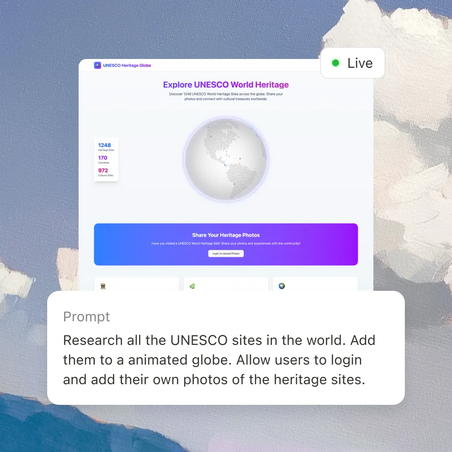 Official Manus Web App feature-page image showing a generated UNESCO World Heritage website and the prompt used to create it.